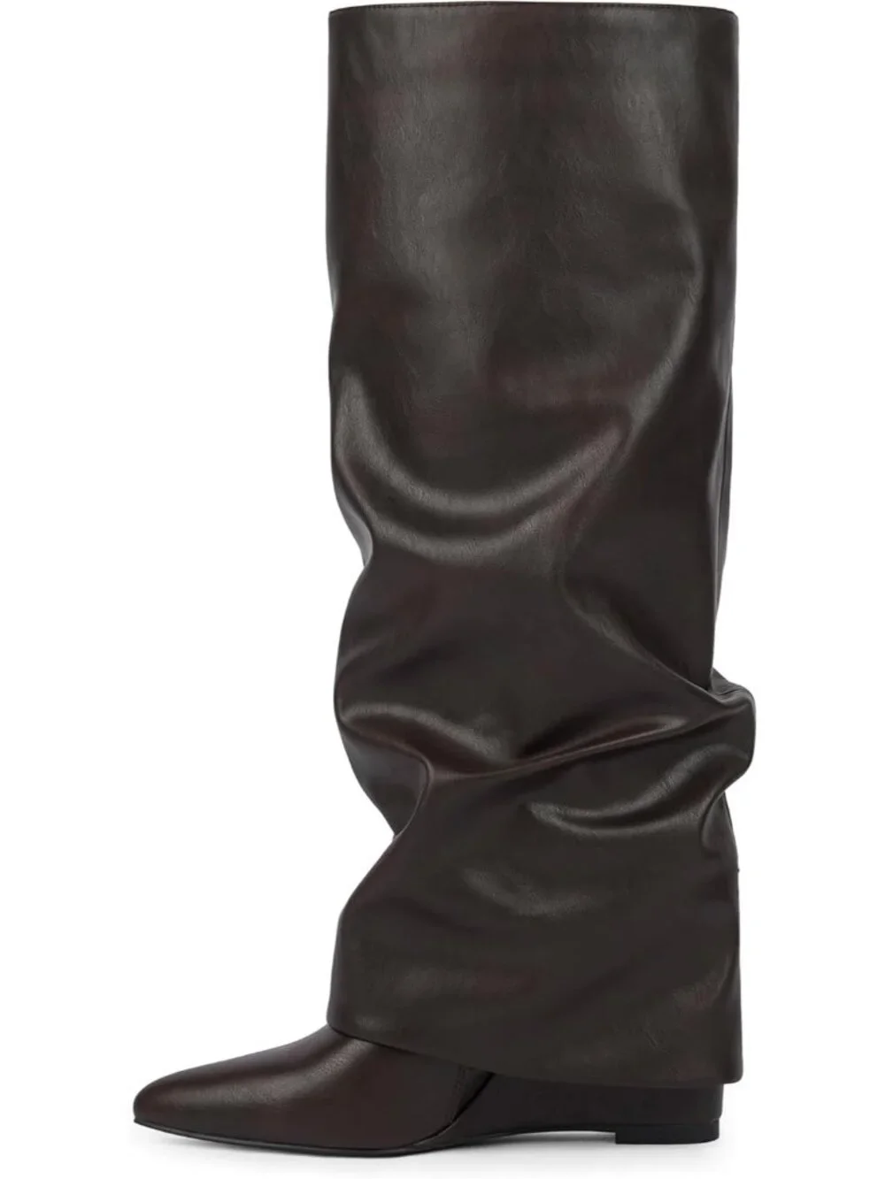Women's Chocolate Slouchy Wedge Heel Pointed Toe Faux Leather Over The Knee Boot